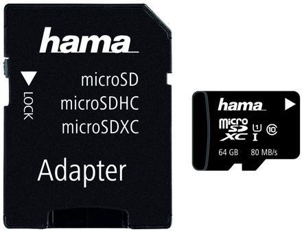 Card de memorie Hama microSDXC, 64GB, Clasa 10, pana la 80 MB/s, UHS-I + Adaptor SD