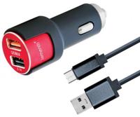 Incarcator Auto Lemontti LIAQ3MUNR3A, 3.1A, 2 x USB, Qualcomm 3.0, cablu MicroUSB (Negru/Rosu)