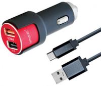 Incarcator Auto Lemontti LIAQ3TCNR3A, 3.1A, 2 x USB, Qualcomm 3.0, cablu Type-C (Negru/Rosu)