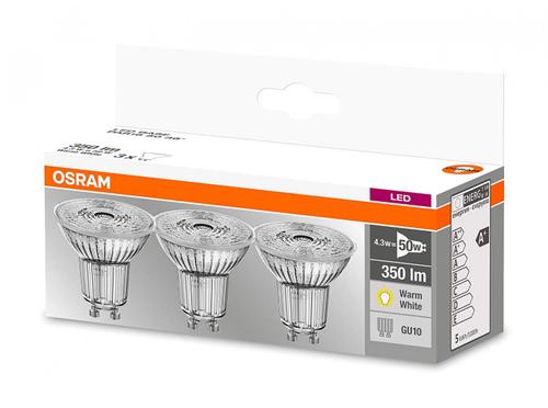 Set de 3 spot-uri Led Osram, Par16 50, GU10, 4.3W (50W), lumina calda (2700K), 350 lumeni, 230V, durata de viata 15000 ore, clasa energetica A+