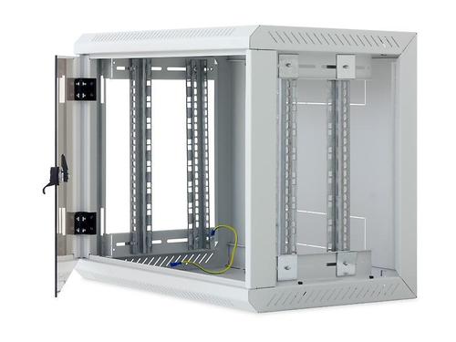 Rack de perete Triton sectiune simpla 12U 500mm adancime usa sticla panouri laterale detasabile, sectiuni acces cabluri sus/jos/spate securizare cu cheie, 1 pereche montanti reglabili, fabricat din tabla galvanizata IP30 (Gri)