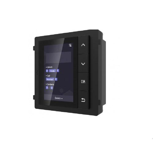 Modul de afisare pentru videointerfon modular Hikvision DS-KD-DIS; ecran LCD 3.5 inch, rezolutie 320x480P; 4 butoane de operare; memorie pentru 500 de contacte; apelare din lista de contacte; deschidere usa cu Pin cu ajutorul modului de tastatura