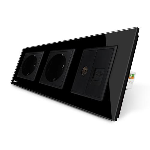 Priza tripla Livolo cu rama din sticla 2 prize simple+TV/internet (Negru)