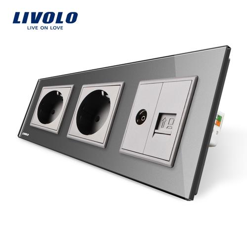 Priza tripla Livolo cu rama din sticla 2 prize simple+TV/internet (Gri)