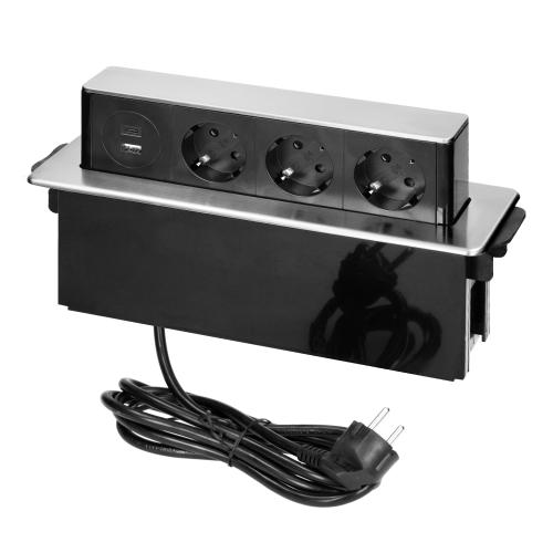 Priza pentru mobilier ORNO OR-GM-9014(GS)/B-G, incastrabila, panou culisant, 3 prize Schuko, 2 x USB Quick Charge 3.0, 3680 W, lungime cablu 2 m, negru/gri