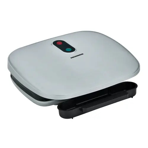Gratar electric Heinner AriaGrill HEG-F1000SL, 1000W; placi fixe turnate 27 X 23 cm, invelis antiaderent, maner rece, Indicator luminos, tava pentru colectare ulei, Argintiu
