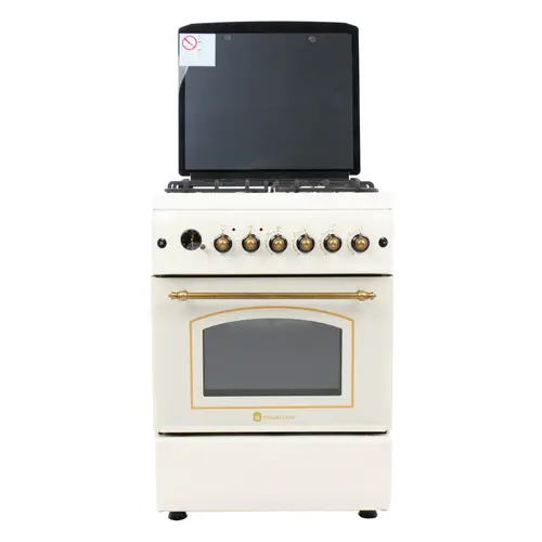 Pachet rustic Studio Casa Sorrento, aragaz pe gaz si hota decorativa, rotisor, grill, 3 ochiuri gaz+1 electric, gratar fonta, 60 cm, culoare crem