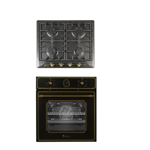 Pachet incorporabil cuptor electric si plita gaz Studio Casa Toscana Black Rustic, Clasa A, Gratare fonta, Negru