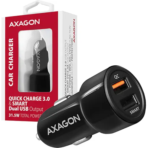 Incarcator auto AXAGON, Smart 5V 2,4A + Quick Charge 3.0, 30W, Negru