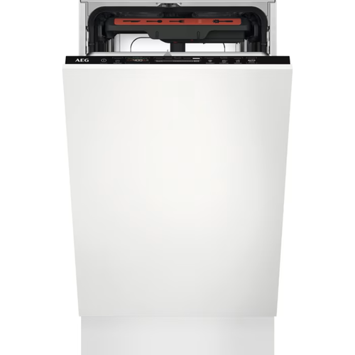 Masina de spalat vase incorporabila Slim AEG FSE73527P, 10 seturi, 7 programe, Clasa D, MaxiFlex, AirDry, QuickSelect, Motor inverter, SatelliteClean, Afisaj digital, Time Beam, 45 cm (Alb)