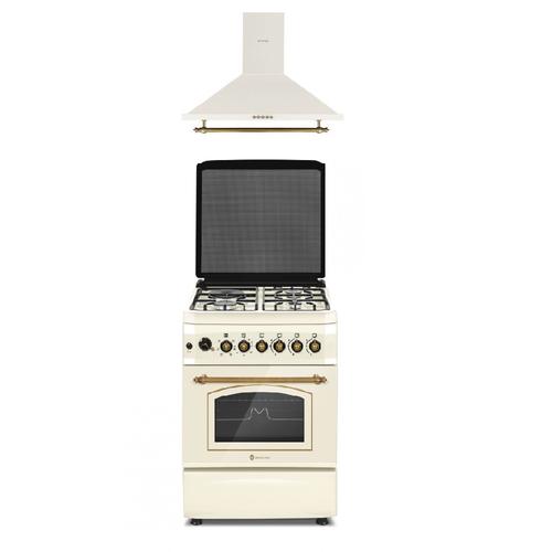 Pachet aragaz rustic mixt Studio Casa MULTIF. PLUS FE60/603G+1EL si hota decorativa, cuptor electric multifunctional cu ventilatie, 3 arzatoare gaz + 1 ochi electric, Crem