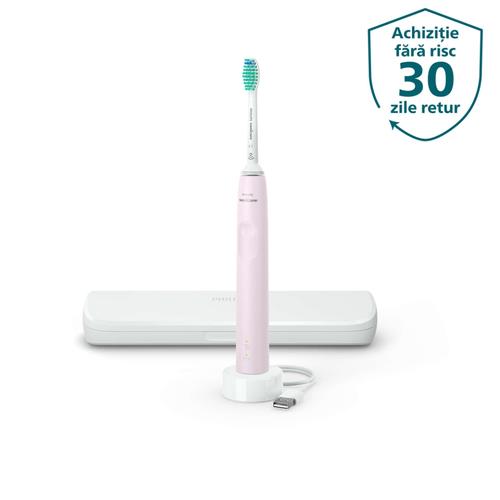 Periuta de dinti sonica electrica Philips Sonicare Seria 3100 HX3673/11, 31000 miscari/minut, 1 mod de curatare, senzor presiune, functia BrushSync, 1 cap de periere, toc de transport, Roz pastel Periuta de dinti sonica electrica Philips Sonicare Seria 3100 HX3673/11, 31000 miscari/minut, 1 mod de curatare, senzor presiune, functia BrushSync, 1 cap de periere, toc de transport, Roz pastel