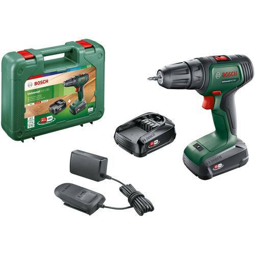 Masina de gaurit si insurubat (bormasina) pe acumulator Bosch UniversalDrill 06039D4001, 18 V, 1.5 Ah, 1450 RPM, 23/32 Nm, 30 mm diametru maxim gaurire, 2 acumulatori, incarcator, cap surubelnita dublu, valiza profesionala