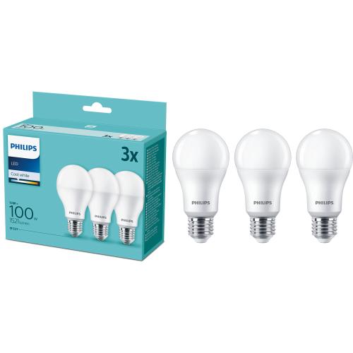 Pachet 3 becuri LED Philips, A67, E27, 13W (100W), 1521 lm, lumina alba rece (4000K)