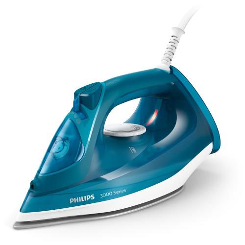 Fier de calcat Philips Seria 3000, putere 2600W, jet continuu de abur 40g/min, culoare albastru deschis, rezervor de apa 300ml, talpa ceramica, oprire automata.