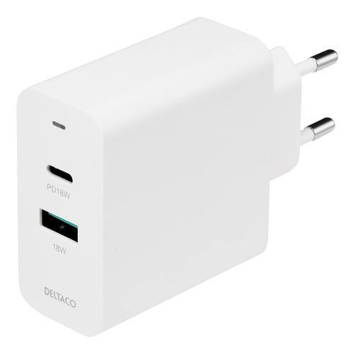 Incarcator priza fast charge 36W Deltaco, USB-C PD 18W, USB-A 18W, Alb