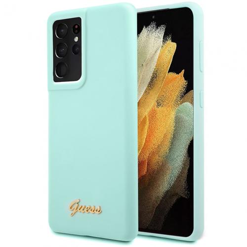 Husa de protectie Guess Silicone Metal Logo Script pentru Samsung Galaxy S21 Ultra 5G (Verde)