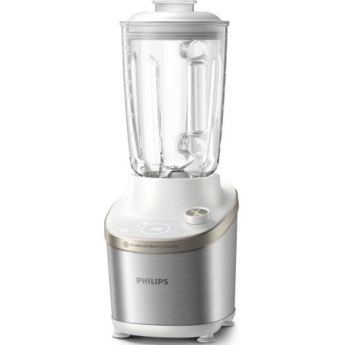 Blender Philips HR3760/01, 1500 W, vas de sticla capacitate 2 l, corp din metal alb, 4 lame zimțate, setari de viteza variabila, presetare si funcție impuls, ecran LED si buton, Alb