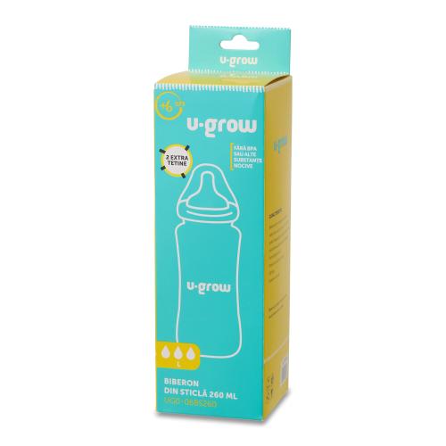 Biberon din sticla, U-Grow, 260 ml, cu 2 tetine extra