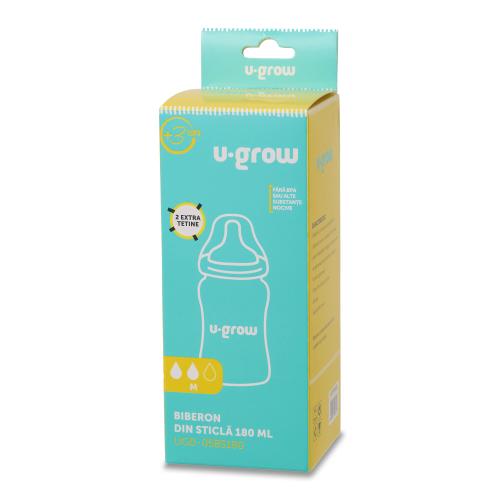 Biberon din sticla, U-Grow, 180 ml, cu 2 tetine extra