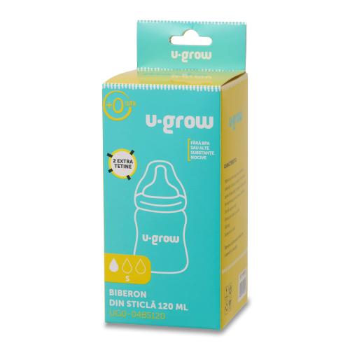 Biberon din sticla, U-Grow, 120 ml, cu 2 tetine extra