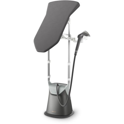 Aparat de călcat vertical Philips AiO Seria 8000 GC628/80, 2200W, Tehnologie de incalzire dubla, 6 bar, Boost de abur 90 g, 5 setari de abur + ECO (Negru/Gri)