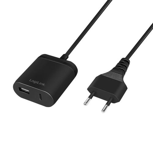 Incarcator retea 220V Logilink PA0256, 1 x USB-C, 1 x USB-A, maxim 2.4A, 12W, 1.5m, Negru