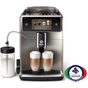Espressor complet automat Saeco Xelsis Deluxe SM8782/30, 15 bari, 8 profile de utilizator, Interfata Coffee Maestro, Tehnologie BeanMaestro, Conectivitate, Functie LatteDuo, Rasnita ceramica, Filtru Aqua Clean (Negru/Argintiu)