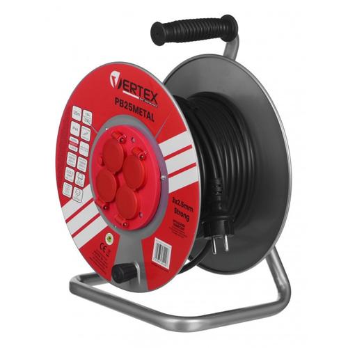 Prelungitor cu tambur Vertex PB25METAL, 4 prize, 25m, Rosu/Negru
