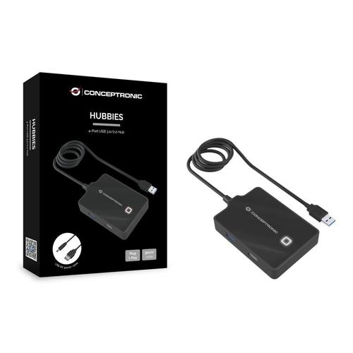 HUB USB Conceptronic HUBBIES10B, 3x USB 2.0, 1x USB 3.0 (Negru)