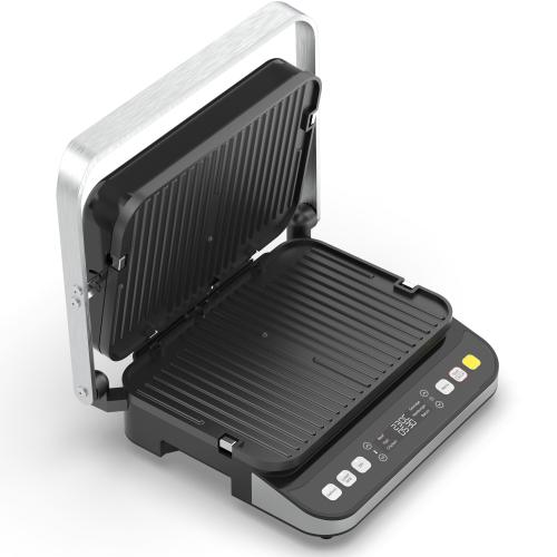 Gratar electric Aeno AEG0005, 2000 W, 6 programe automate, Placi cu doua fete 320x220 mm, Unghi de deschidere de pana la 180, Functie dezghetare, Afisaj LED, Control tactil, Temperatura maxima 230°C, Tava de scurgere ulei inclusa (Negru/Argintiu)