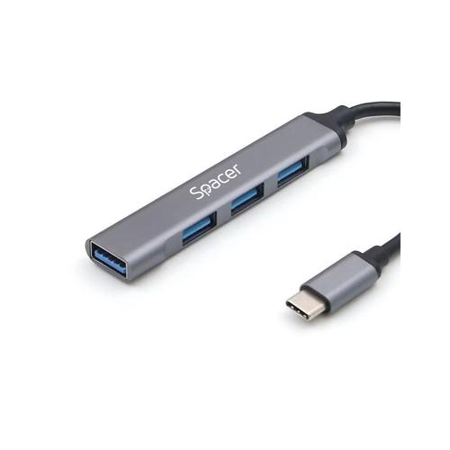 Hub USB extern Spacer, USB 3.0 X 1, USB 2.0 x 3, conectare prin TYPE-C, cablu 1m, Aluminiu (Argintiu)