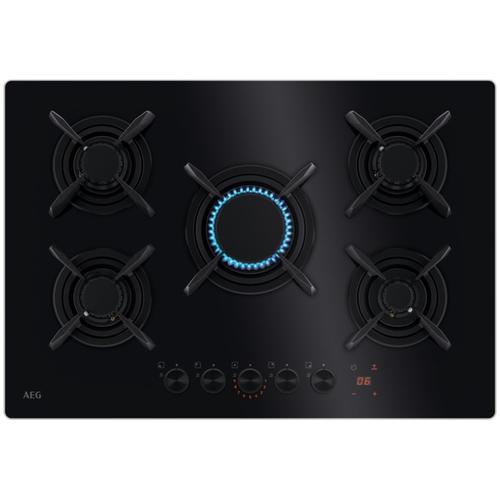 Plita incorporabila AEG HKB75453NB, 5 arzatoare, Aprindere electrica, Gratare fonta, Timer electronic, 75 cm (Negru)