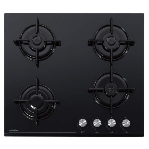 Plita incorporabila Nobeltek NHBG-6400BK, Gaz, 4 arzatoare, Sticla, Aprindere electrica, Gratar emailat rotund (Negru)