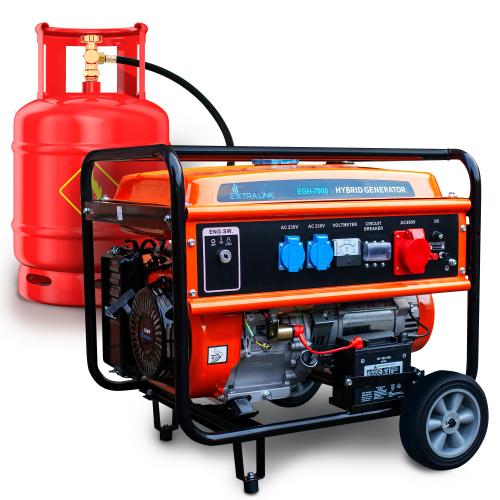 Generator curent hibrid Extralink EGH-7000 7kW trifazat CNG/LPG/benzina Easy Start bobinaj 100% cupru protectie nivel scazut ulei autonomie 11h