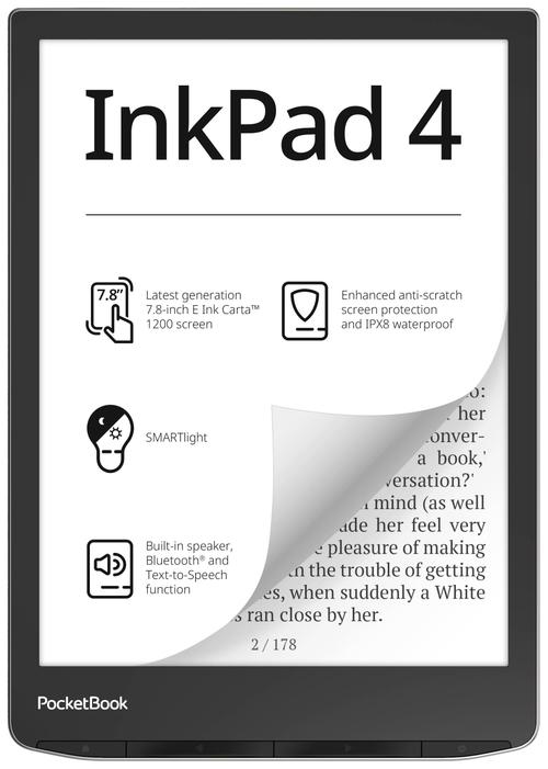 eBook Reader PocketBook Inkpad 4, Ecran E-Ink Carta™ 1200 7.8inch, SMART Ligh, Procesor Dual Core 1GHz, 1GB RAM, 32GB Flash, Bluetooth, W-Fi, Waterproof IPX8 (Argintiu)