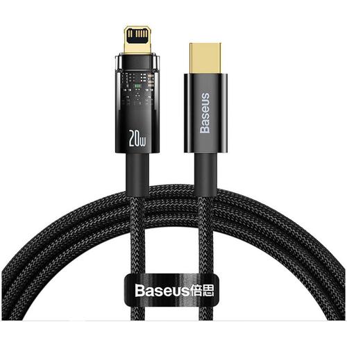 Cablu alimentare si date Baseus, Explorer, Fast Charging, USB Type-C la Lightning 20W 2m Auto Power-Off, Negru Transparent