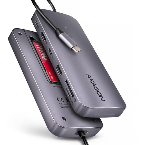 Hub USB Axagon HMC-6GM2, USB-C 3.2 Gen 2, USB-A, M.2 SATA/NVMe, HDMI, PD 100W, Gri metalizat