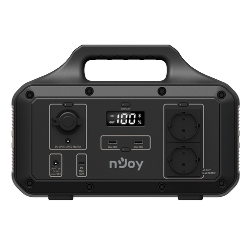 Statie de alimentare tip Power Station, nJoy Power Base 600,511 Wh cu baterie Li-ion NCM, adaptor priza AC, priza auto DC, USB tip C, compatibil panou solar, Bluetooth