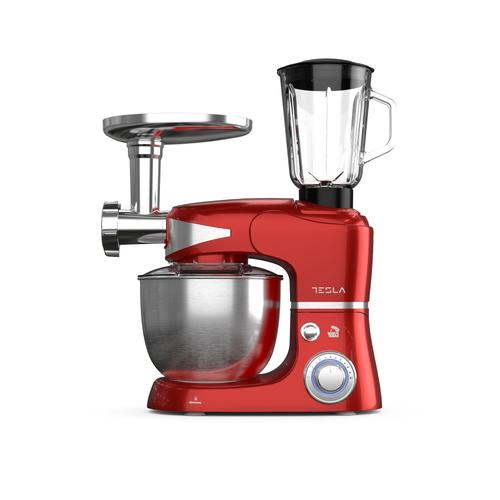 Robot de bucatarie Tesla KR600RA, 6 Viteze, Bol Inox, Masina de Tocat+Blender 5L 1000W, Rosu