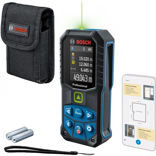 Telemetru profesional cu laser verde Bosch 0601072U00, 515 nm, ± 1.5 mm precizie, IP 65, Bluetooth 4.2, 2 baterii de 1.5 V (AA), husa de protectie, curea de transport