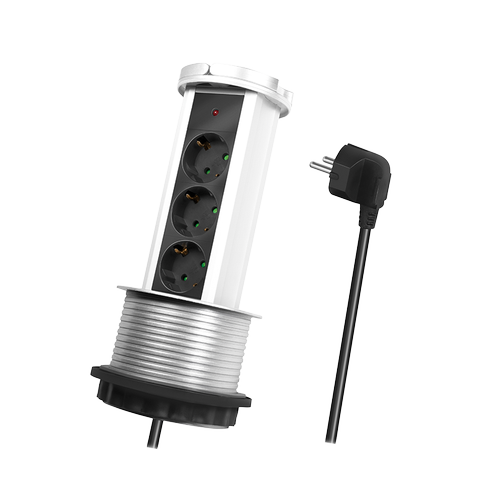 Prelungitor incastrat pup-up LogiLink LPS235A, 3 prize, mecanism ridicare/coborare, indicator LED, H05VV-F 3G 1.5 mm², cordon 1.8 m, Argintiu/Negru/Alb