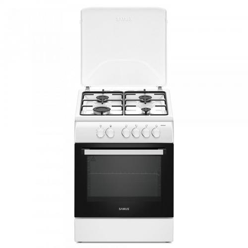 Aragaz Samus SM664ANS, 4 Arzatoare gaz, Cuptor pe gaz, Timer, Sigurante plita si cuptor, Alb