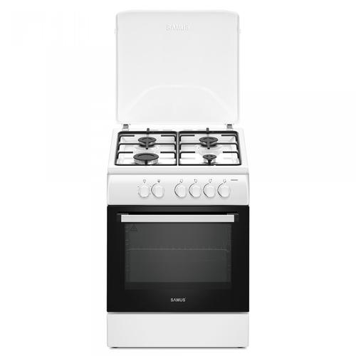 Aragaz Samus SM664ABS, 4 Arzatoare gaz, Cuptor gaz, Timer, Sigurante plite si cuptor, Alb