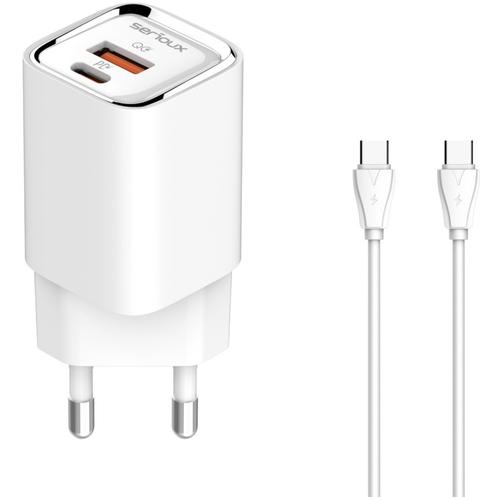 Incarcator retea Serioux QC30W, Quick Charge 3.0, 30W, 1x USB-C, 1x USB-A, cablu Type-C inclus, Alb