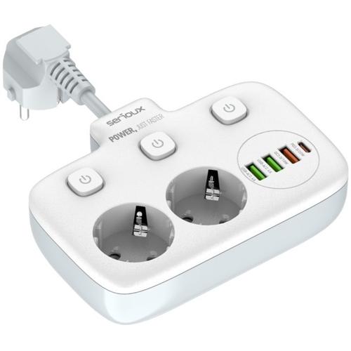 Priza multipla Serioux PS24W, 2 prize, 6xUSB, PD Type-C , QC3.0, intrerupator, protectie supratensiune