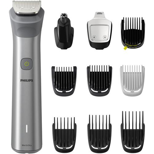 Aparat de tuns barba si parul 10 in 1 Philips Multigroom All in One MG5920/15, tehnologie BeardSense, lame din otel cu auto-ascutire, 11 setari de lungime, rezistent la apa, husa, Negru / Argintiu