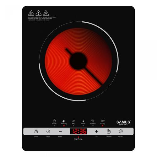Plita Electrica Vitroceramica Samus PSVFE-11BG4, Infrarosu, Portabila, 2000 W, Control Tactil, 10 Trepte putere, Presetari multifunctionale: Steam, Heating, BBQ, Warm, Hot Pot, Stir-Fry, Negru Mat Plita Electrica Vitroceramica Samus PSVFE-11BG4, Infrarosu, Portabila, 2000 W, Control Tactil, 10 Trepte putere, Presetari multifunctionale: Steam, Heating, BBQ, Warm, Hot Pot, Stir-Fry, Negru Mat