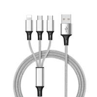 Cablu Lemontti 3 in 1 USB la Lightning, MicroUSB si Type-c, 1m, impletitura textila, Gri