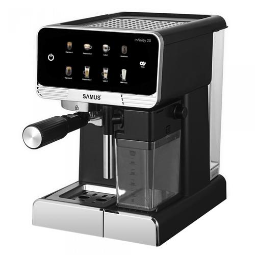Espressor Manual Samus INFINITY 20 1350 W 20 Bari Rezervor apa 1800 ml Rezervor lapte 500 ml 7 Optiuni de cafea Duza spumare lapte si tavita de colectare detasabile (Negru/Inox)